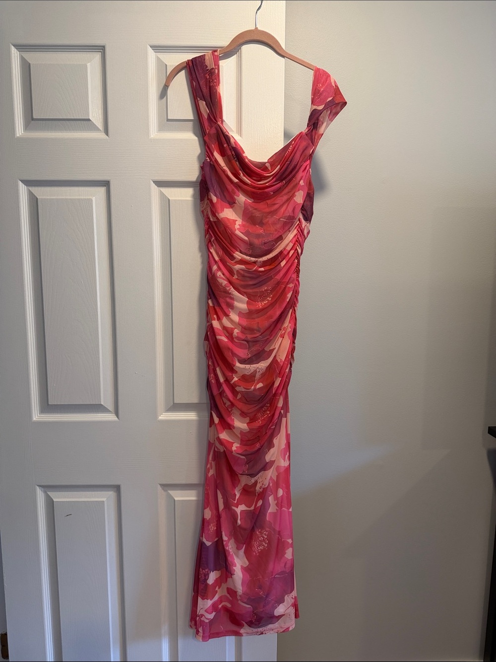 Pink Ruched Cowl Neck Evening Dress